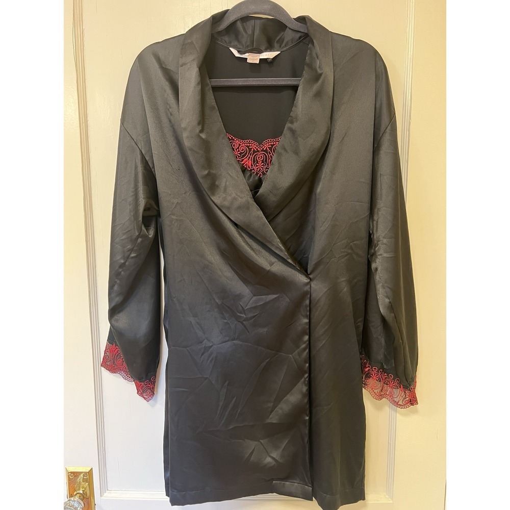 Victoria Secrets Black‎ Silky Red Lace Nightie & Robe M Slip Dress Coquette READ